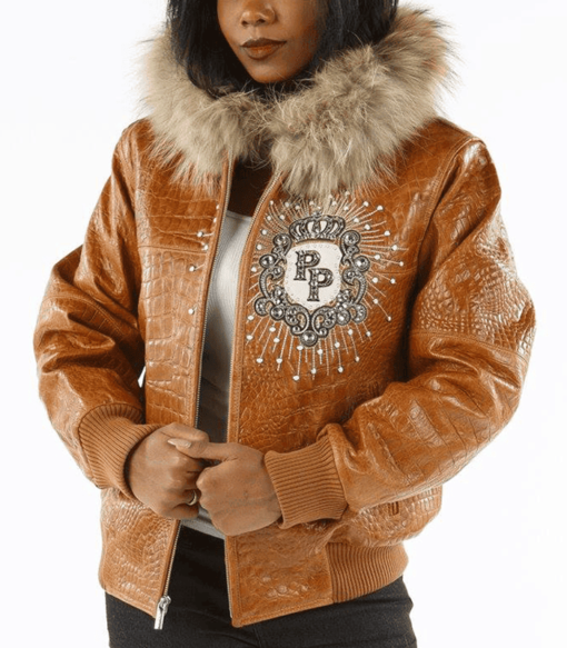 Brown Leather Pelle Pelle Womens Jacket with Fur Hood