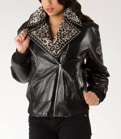 Ladies Biker Leather Jacket with Spotted Fur Collar