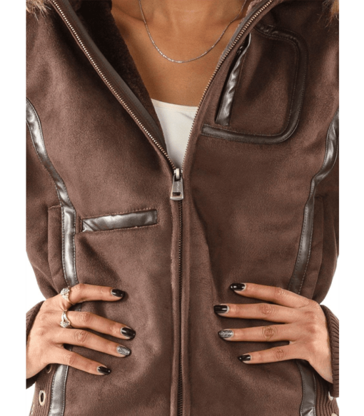 Ladies Pelle Pelle Winged Brown Jacket With Detachable Fur Hood