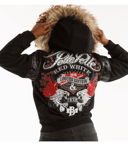 Ladies Red, White, & True Wool Black Jacket With Hood