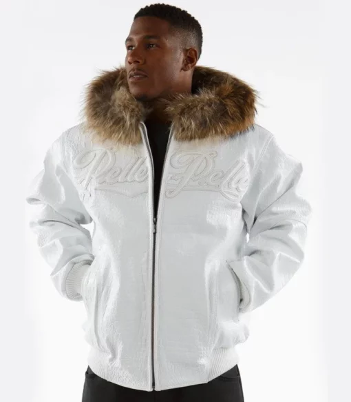 Men Pelle Pelle White Fur Hooded Real Leather Jacket