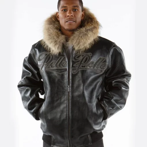 Men's Pelle Pelle Black Fur Hooded Real Leather Jacket