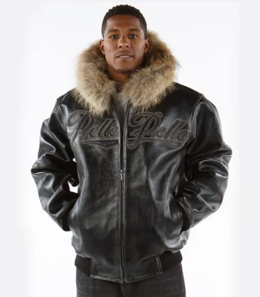 Men's Pelle Pelle Black Fur Hooded Real Leather Jacket