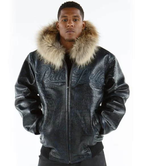 Men's Pelle Pelle Dark Blue Fur Hooded Real Leather Jacket