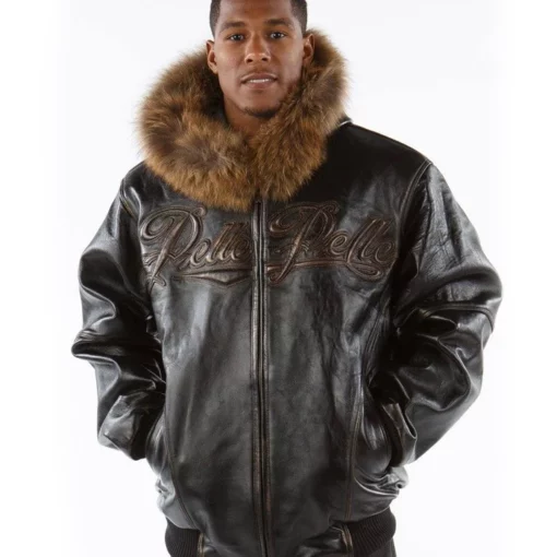 Men's Pelle Pelle Dark Brown Fur Hooded Real Leather Jacket
