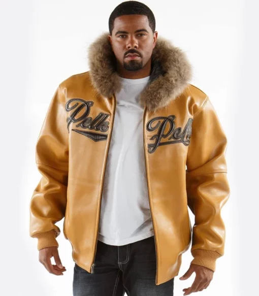 Men's Pelle Pelle Mustard Fur Hooded Real Leather Jacket
