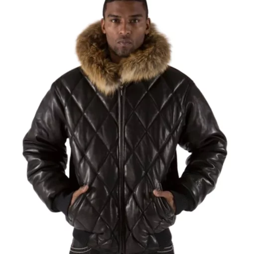 Pelle Pelle Basic Quilt Fur Hood Black Burnish Leather Jacket