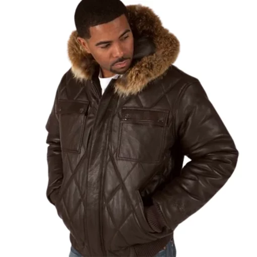 Pelle Pelle Basic Quilt Fur Hood Chocolate Brown Leather Jacket