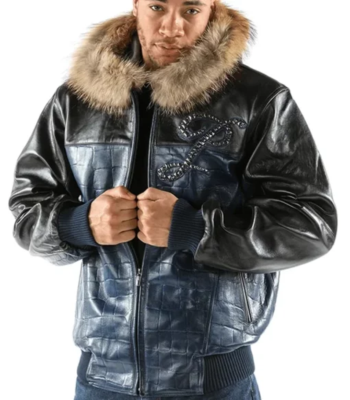 Pelle Pelle Black and Blue Genuine Leather Jacket with Fur Hood