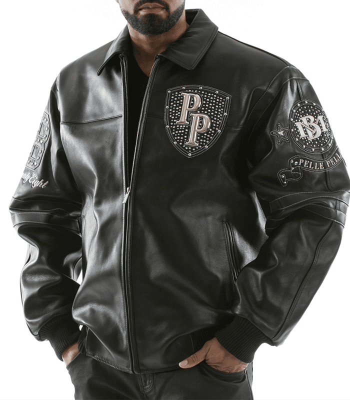 Pelle Pelle Encrusted Black Leather Varsity Jacket