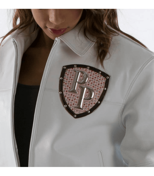 Pelle Pelle Encrusted Varsity White Plush Womens Leather Jacket