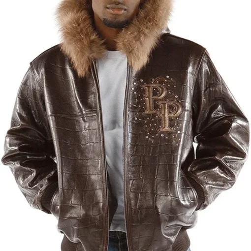 Pelle Pelle Fur Hood Pure Leather Brown Jacket For Mens