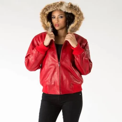 Pelle Pelle Fur Hooded Womens Red Leather Jacket