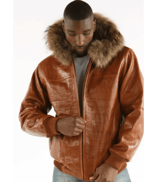 Pelle Pelle Hooded Shearling Fur Collar Script Leather Jacket