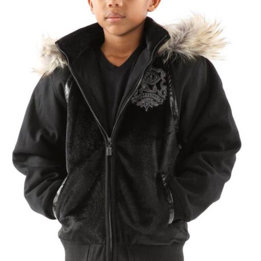 Pelle Pelle Kids Black Fur Hooded Wool Jacket Front