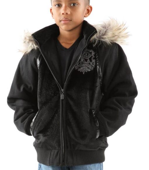 Pelle Pelle Kids Black Fur Hooded Wool Jacket Front