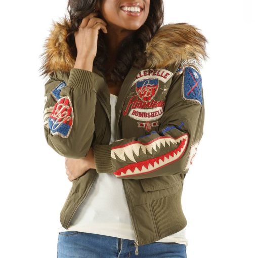 Pelle Pelle Ladies American Bombshell Olive Fur Hooded Jacket