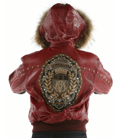 Pelle Pelle Ladies Mb Emblem Fur Hood Maroon Leather Jacket