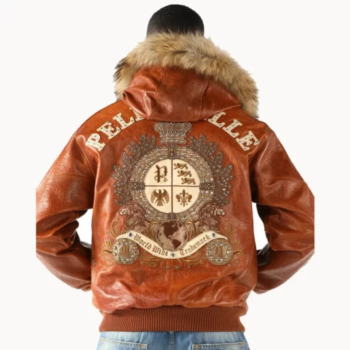 Pelle Pelle Marc Buchanan Dark Brown Crest Fur Hooded Leather Jacket For Men
