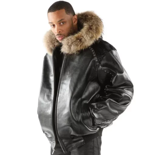 Pelle Pelle Men Black Fur Hooded Top Grain Leather Jacket