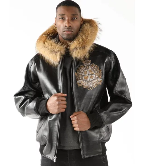 Pelle Pelle Men Marc Buchanan Black Crest Fur Hooded Leather Jacket