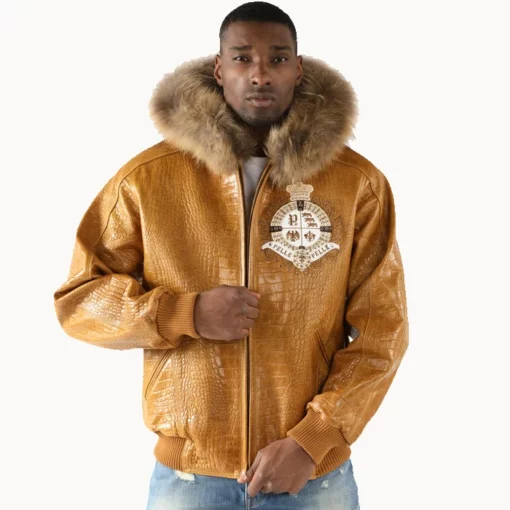 Pelle Pelle Men Marc Buchanan Brown Crest Fur Hooded Leather Jacket