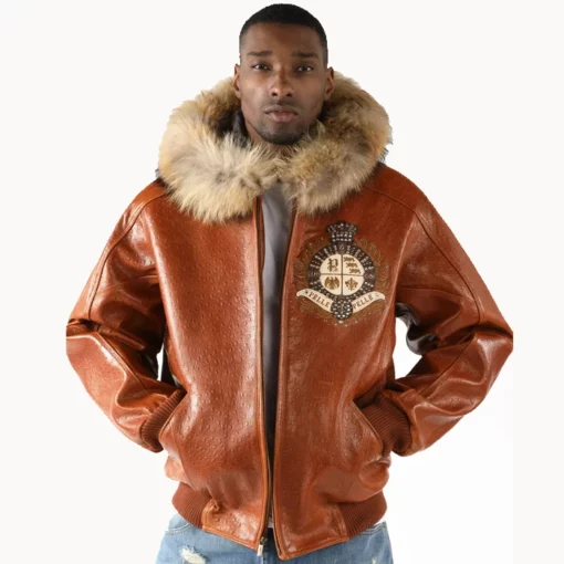 Pelle Pelle Men Marc Buchanan Dark Brown Crest Fur Hooded Leather Jacket