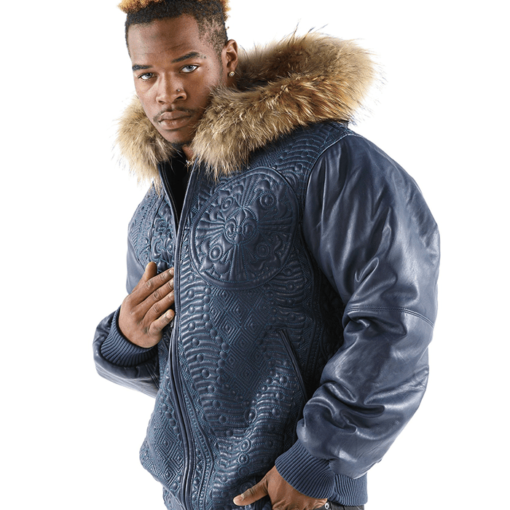 Pelle Pelle Mens Blue Fur Hood  Leather Jacket