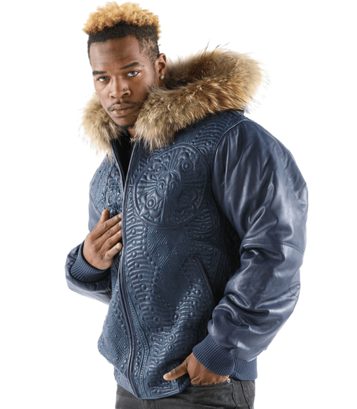 Pelle Pelle Mens Blue Fur Hood  Leather Jacket