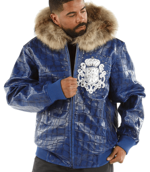 Pelle Pelle Men’s Crest Blue Leather Jacket With Fur Collar