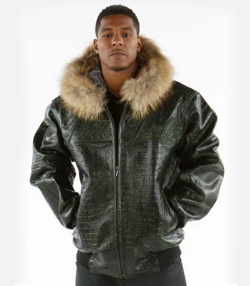 Pelle Pelle Men's Dark Green Fur Hooded Real Leather Jacket