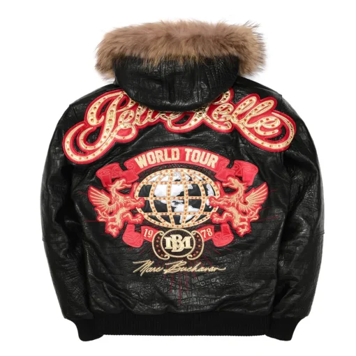 Pelle Pelle Men’s MB World Tour 1978 Black and Red Studded Fur Hooded Leather Jacket