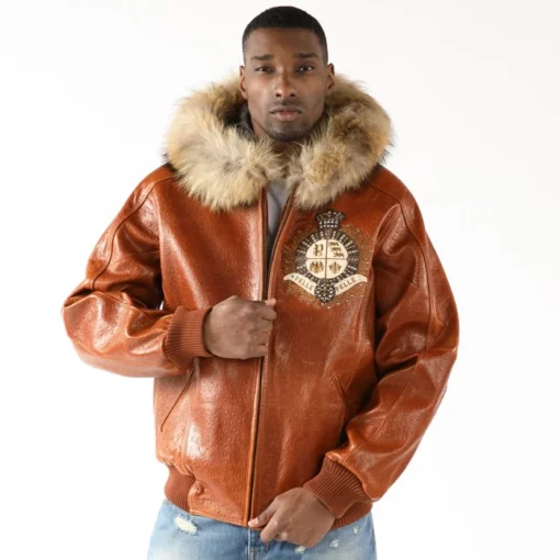 Pelle Pelle Men's Marc Buchanan Dark Brown Crest Fur Hooded Real Leather Jacket