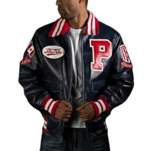 Pelle Pelle Mens Navy Blue Plush Varsity Bomber Leather Jacket