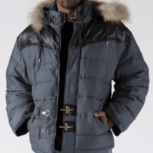 Pelle Pelle Mens Shield Yoke Fur Denim Blue Color Nylon Jacket