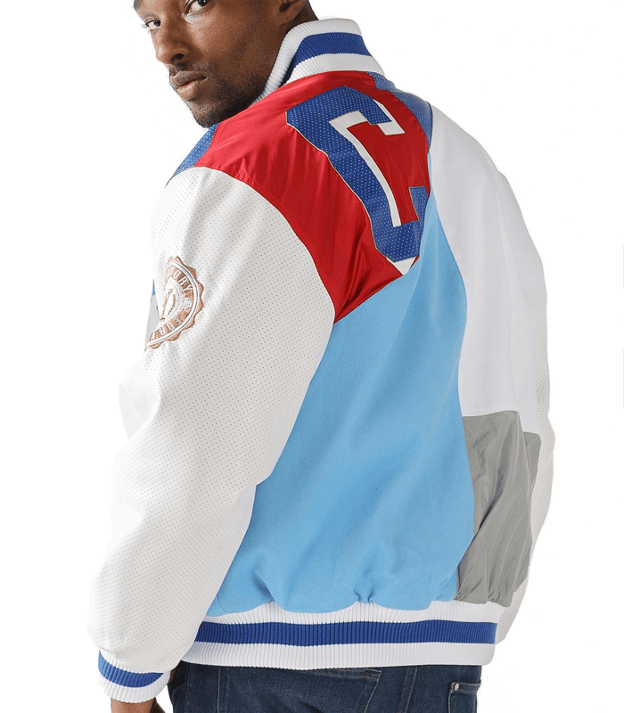 Blue Hooded and White Leather Varsity Jacket For Mens
