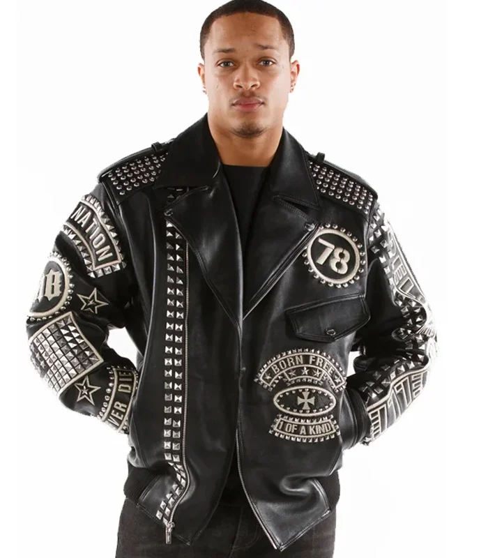 Pelle Pelle Nation Rebel Soul Studded Black Pure Leather Jacket For Mens