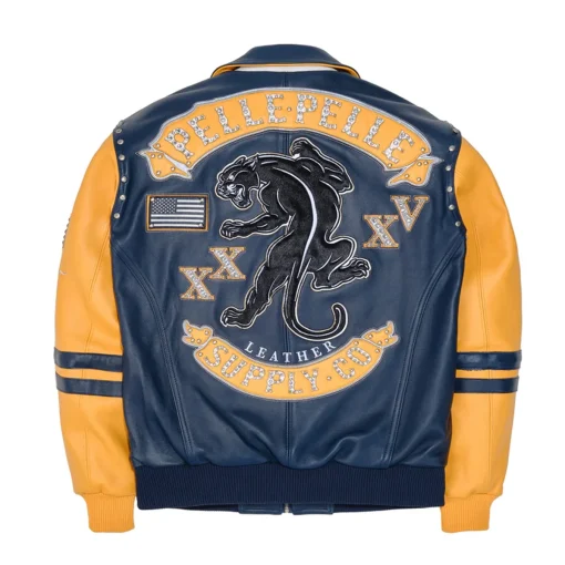 Pelle Pelle Navy Blue and Yellow Marc Buchanan Panther 1978 Supply Co. Leather Jacket For Men’s