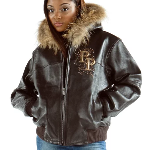 Pelle Pelle Shoulder Crest Brown Leather With Fur Hooded Jacket