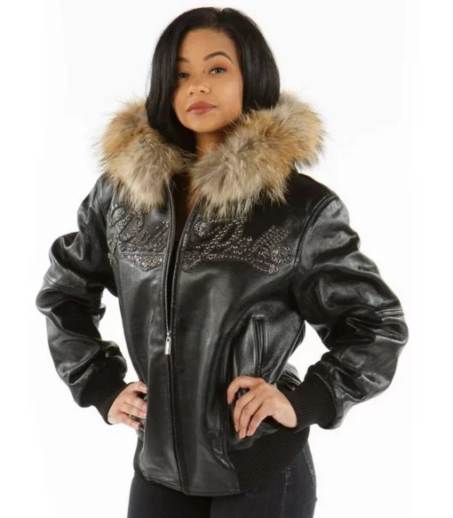 Pelle Pelle Women Black Encrusted Studded Fur Hood Leather Jacket