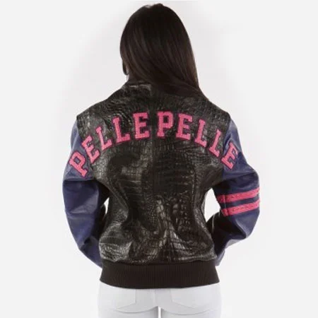 Pelle Pelle Womens Letterman Black Alligator Leather Jacket
