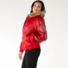 Pelle Pelle Womens Red Real Leather Jacket With Fur Hooded