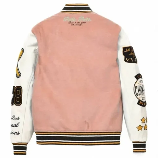 Pelle Pelle World Famous MB 1978 Light Pink and White Varsity Wool Jacket with Leather Sleeves