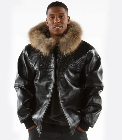 Pelle Pelle's Men Black Fur Hooded Top Leather Jacket