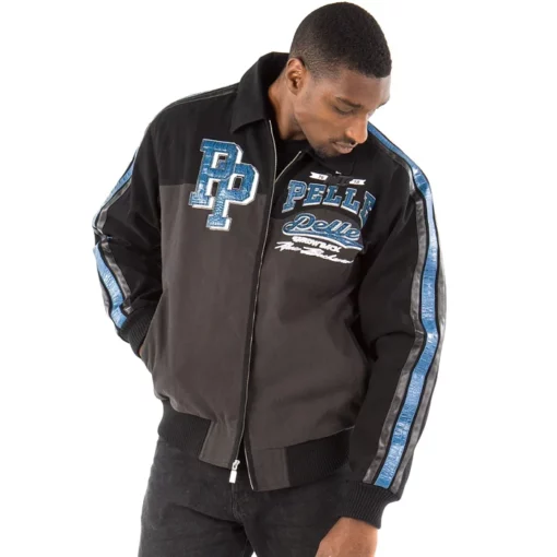 Pelle Pelle's Throwback Black Charcoal Jacket with Blue Gator Real Leather Sleeves
