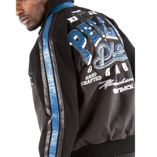 Pelle Pelle's Throwback Black Charcoal Jacket with Blue Gator Top Leather Sleeves