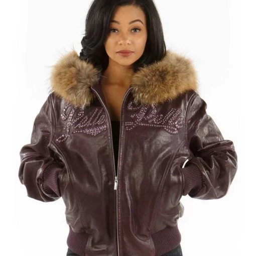 Pelle Pelle's Women Purple Encrusted Studded Fur Hood Leather Jacket