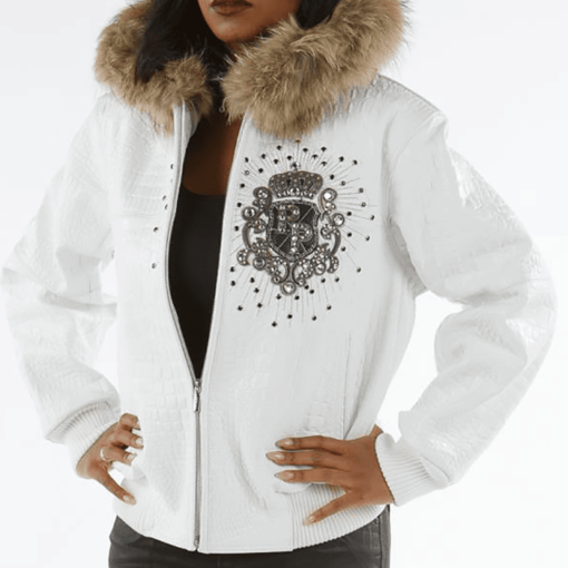 White Leather Pelle Pelle Jacket with Fur Hood