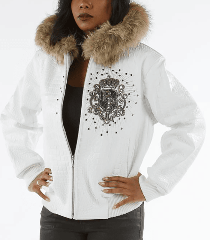 White Leather Pelle Pelle Jacket with Fur Hood