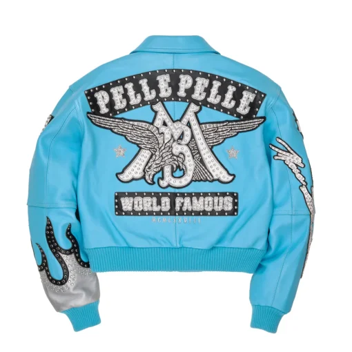 Women's Pelle Pelle World Famous Marc Buchanan 1978 Studded Light Blue Crop Leather Jacket